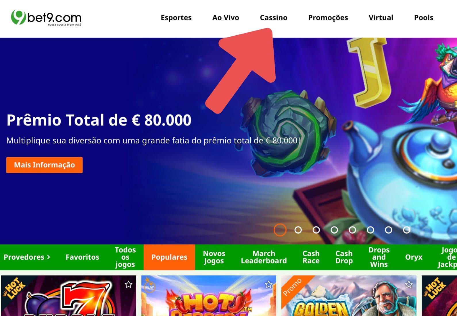 Bet9 Brasil passo seção de cassino no site oficial